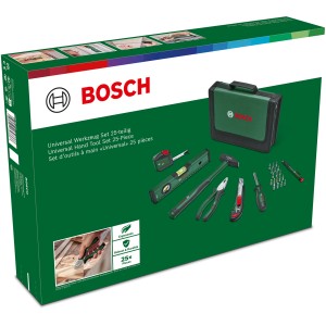 Bosch Universal Werkzeugset, 25-teilig, mit Zange, Schraubendreher, Hammer, Cutter, Maßband, Wasserwaage und Bits.