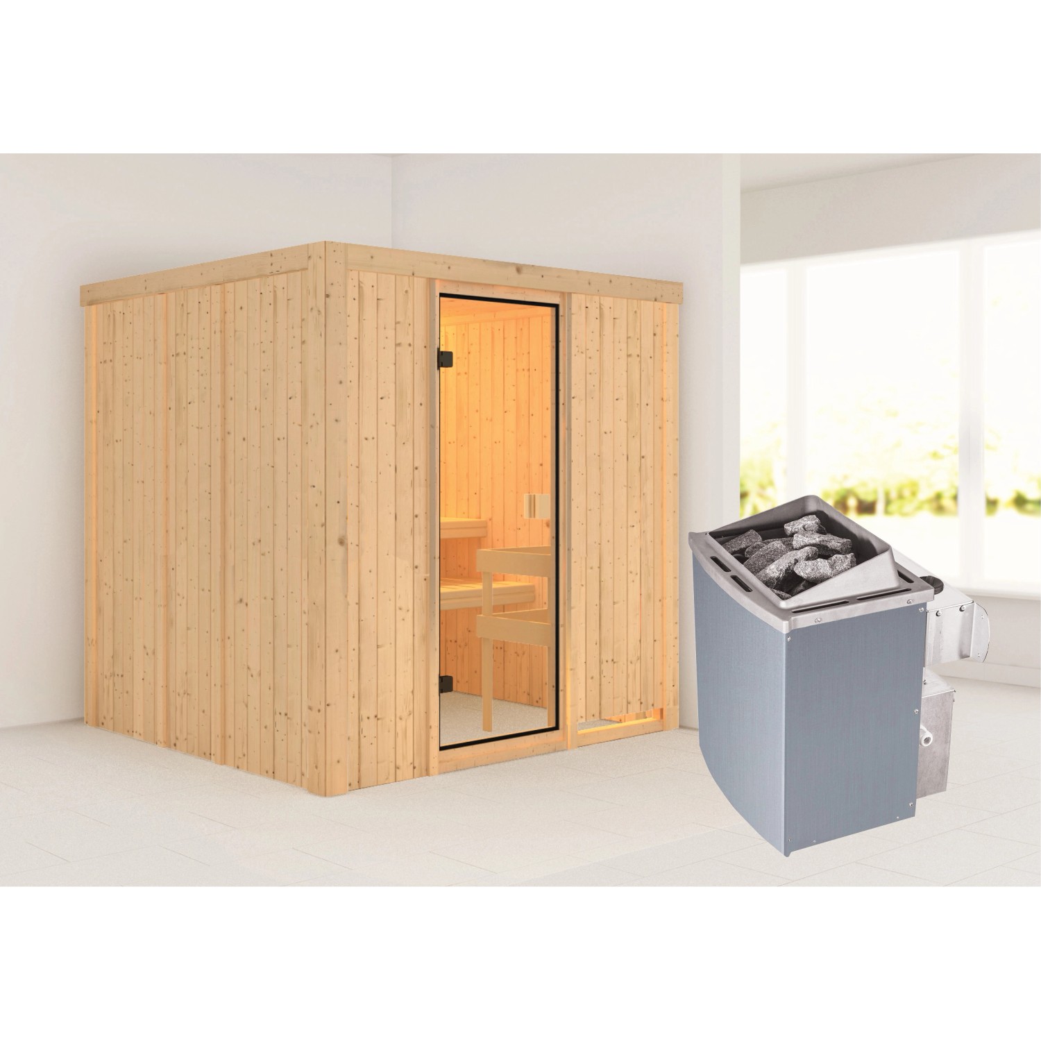 Woodfeeling Sauna Tromsö mit Ofen und Glastür, Massivholzsauna für Zuhause.