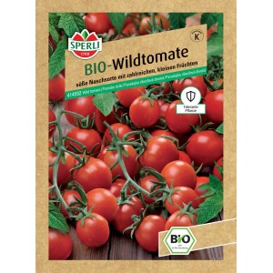 Sperli Bio Wildtomate Rote Murmel Samen, kleine rote Tomaten auf der Packung.