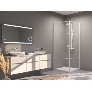 Aurlane Eckdusche Clean Line, 90x90x200 cm, mit weißen Rahmen und klarem Glas in modernem Badezimmer.