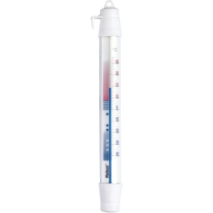 Weißes Mebus Tiefkühlthermometer aus Kunststoff mit analoger Anzeige und Aufhängung.