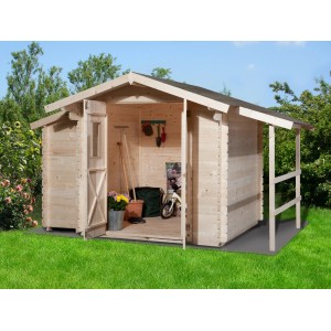 Weka Holz-Gartenhaus Bologna Natur, 340x200cm, mit Anbaudach. Gartenhütte aus Fichte mit Doppeltür.