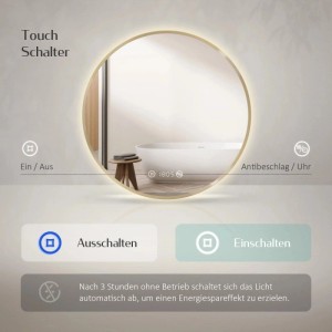 Runder Emke LED Badspiegel mit Goldrahmen, Beleuchtung und Touch-Steuerung für Antibeschlag, Uhr und 3h-Automatikabschaltung.