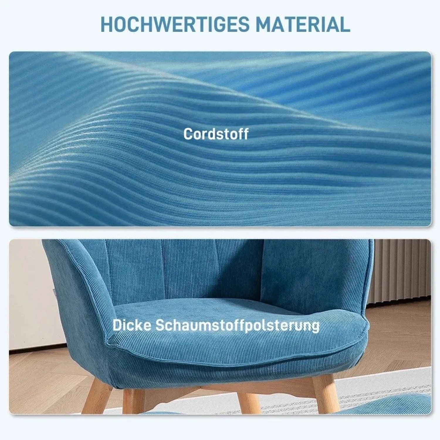 Blauer Kordstoff und dicke Schaumstoffpolsterung eines Loungesessels. Komfortables Polster.