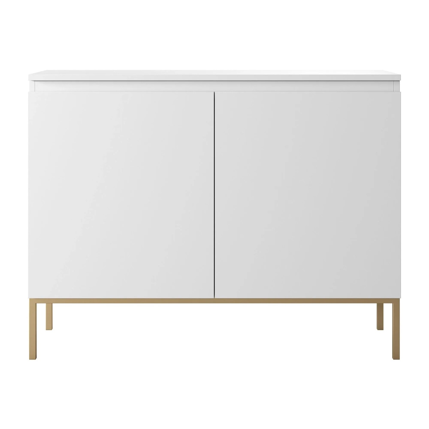 Weißes Selsey Sideboard Bemmi, 100 cm, mit zwei grifflosen Türen und goldenen Metallbeinen. Moderne Kommode für Wohnräume.