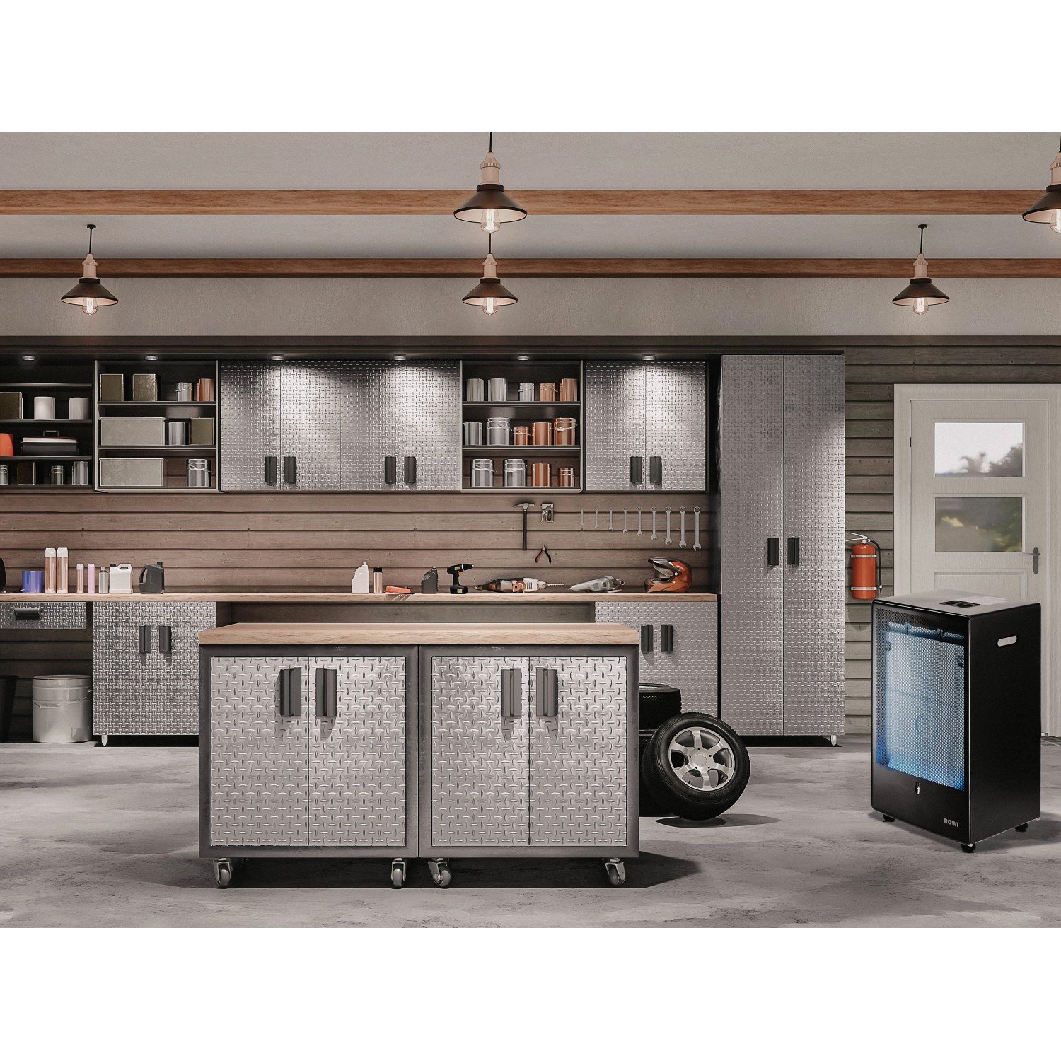 Schwarzer Rowi Gas Heizofen Blue Flame 4,2 kW mit Thermostat in Werkstatt.