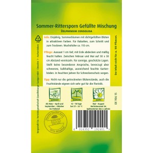 Samentüte Quedlinburger Sommer-Rittersporn, gefüllte Mischung. Einjährige Sommerblume für Beet und Rabatte.