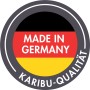 Karibu Gartenhaus: Made in Germany Qualitätssiegel mit Deutschlandflagge.