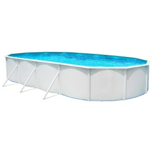 Weißer Steinbach Stahlwandpool Nuovo de Luxe Oval, 730x366x120 cm, mit blauem Wasser.