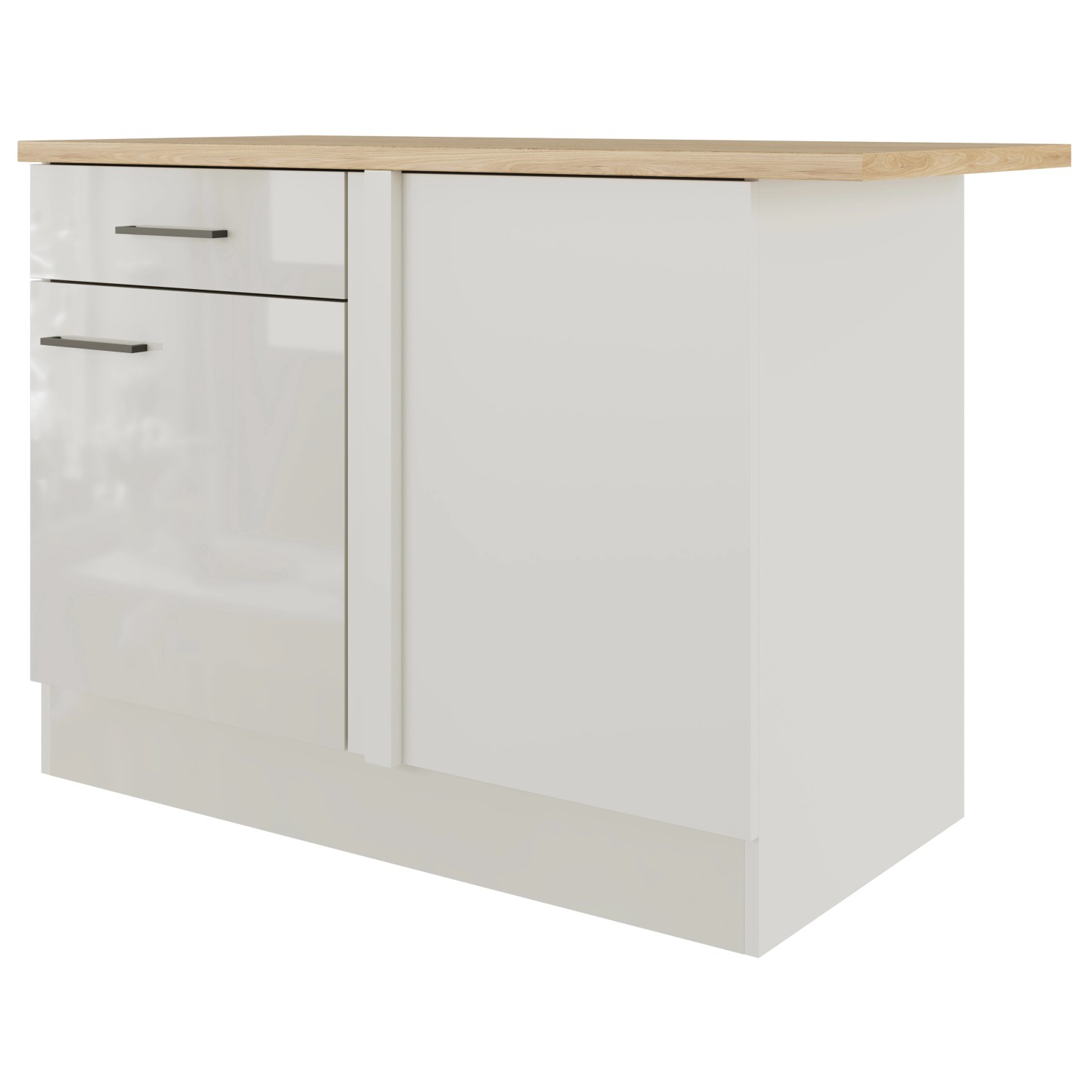 Flex-Well Eck-Unterschrank Lund, 110 cm, Lichtgrau/Rauchgrau, mit Schublade und Drehtür.