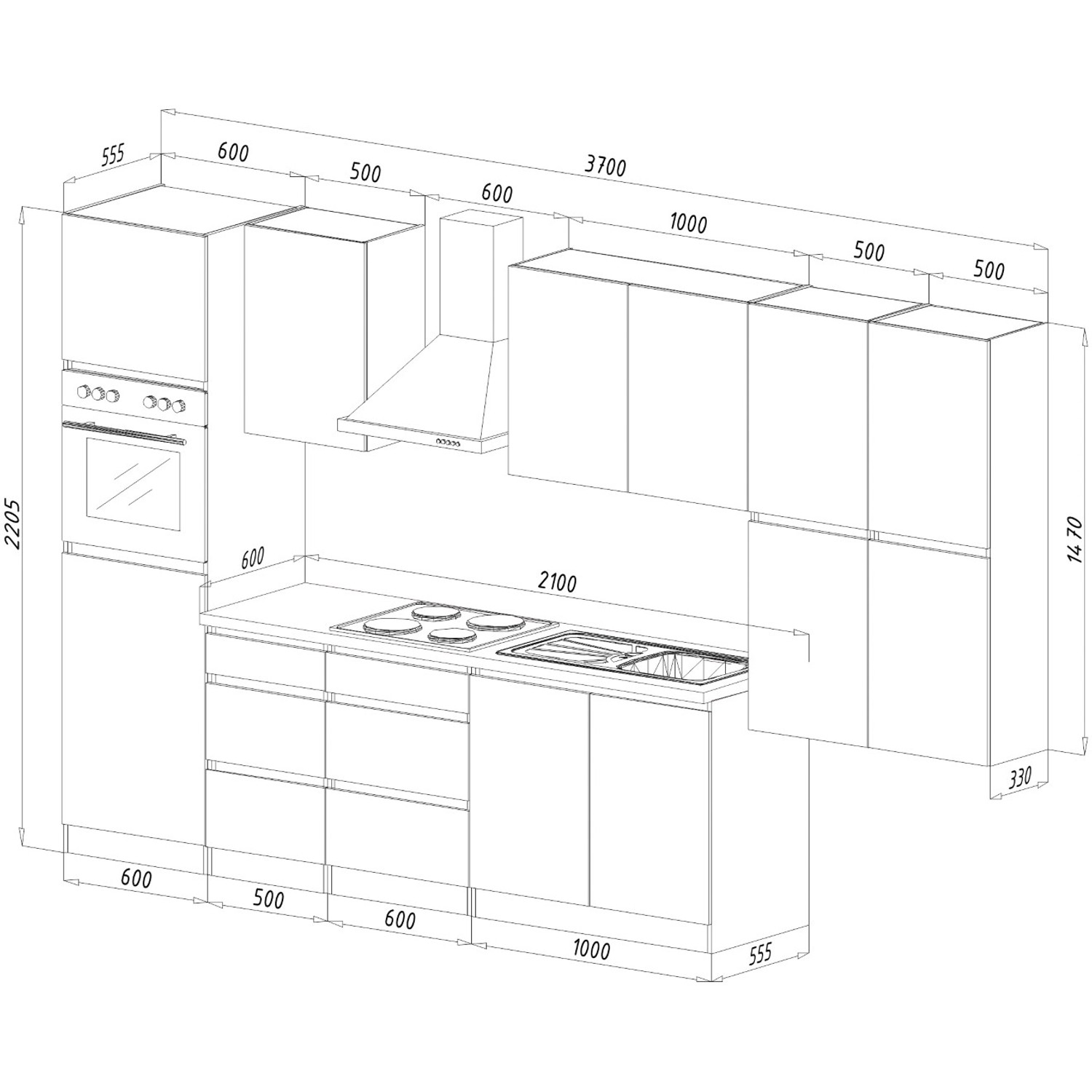 Respekta Küchenzeile 370cm, grifflos, schwarz hochglanz/Eiche sägerau Dekor, ohne E-Geräte.