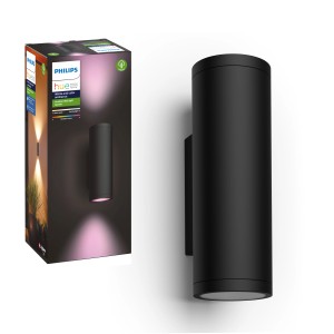 Schwarze Philips Hue Appear LED-Außenwandleuchte (600 lm) mit Verpackung.