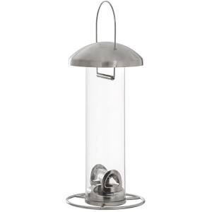 Fidelio Futtersäule aus Polycarbonat und Edelstahl für Vogelfutter, mit Aufhänger.