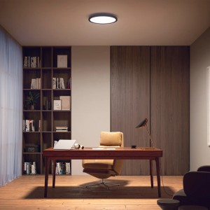 Schwarze Philips Hue Aurelle LED-Panelleuchte (Ø 39,5 cm) im modernen Arbeitszimmer.