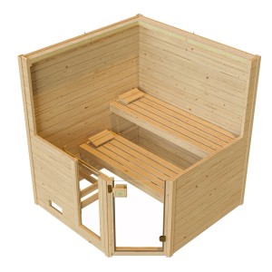 Weka Massivholzsauna Valida Eck, naturbelassen, mit Glastür und Fenster, Innenansicht mit Liegen.