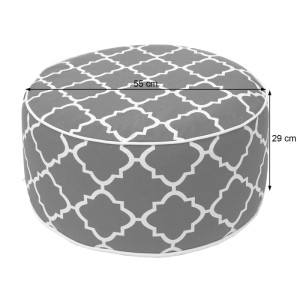 Grauer Sitzhocker mit Blatt-Design, als Gartenstuhl oder Fußablage nutzbar, 55x29 cm.
