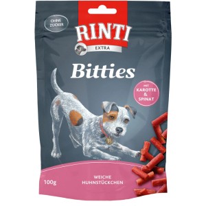 Rinti Bitties Extra Huhn mit Karotte & Spinat, 100g Packung Hunde-Natursnack.