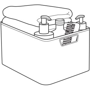 Cremefarbene Curver Style Aufbewahrungsboxen im 3er-Set mit Deckel, gefüllt mit Handtüchern und Badutensilien.