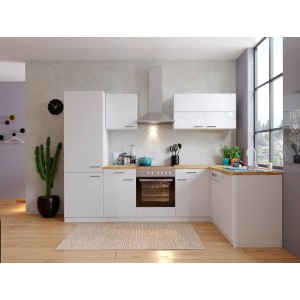 Respekta Winkelküche in Weiß und Butcher Nussbaum Optik mit E-Geräten für Familien.