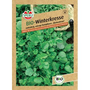 Samenpackung Sperli Bio Winterkresse Barbarakraut mit grünen Blättern.