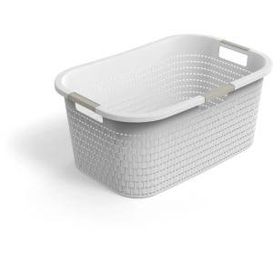 Weißer Rotho Wäschekorb Country (40 l) mit Rattan-Optik und Tragegriffen.