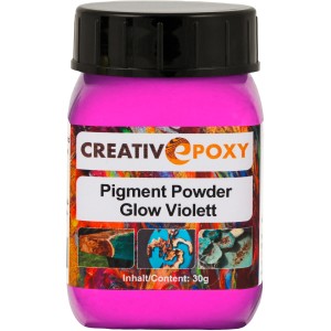 Violettes CreativEpoxy Tagesleuchtpigment Pulver, 30g, im Kunststoffbehälter mit schwarzem Deckel.
