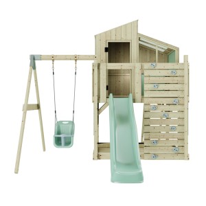PolarPlay Babyschaukel Lotta mintgrün mit Spielturm, Rutsche und Kletterwand.