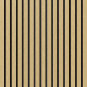 Muster Akustikpaneel Eiche unbehandelt, braune Holzleisten auf schwarzem Filz.