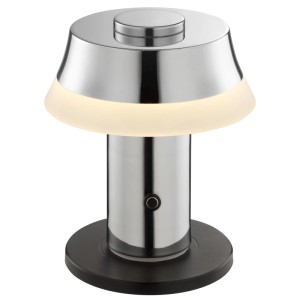 Glänzende Brilliant LED Tischleuchte Kinich 15cm Chrom mit leuchtendem Ring und dunklem Fuß, kabellos und dimmbar.