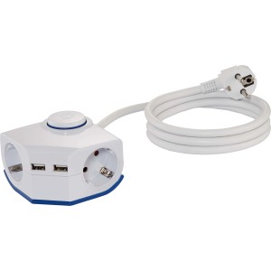 Weiße 2-fach Eck-Tischsteckdosenleiste mit USB-Anschlüssen und Ein-/Ausschalter.