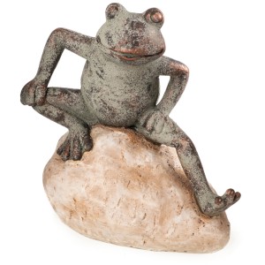 Grün-beige Deko-Figur: Frosch aus Polyresin sitzt auf Stein, 20x12x19 cm. Gartendeko für Innen & Außen.