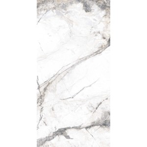Weiße, polierte Feinsteinzeug Bodenfliese in Marmor-Optik, 60x120 cm, mit grauen Adern für Innenbereiche.