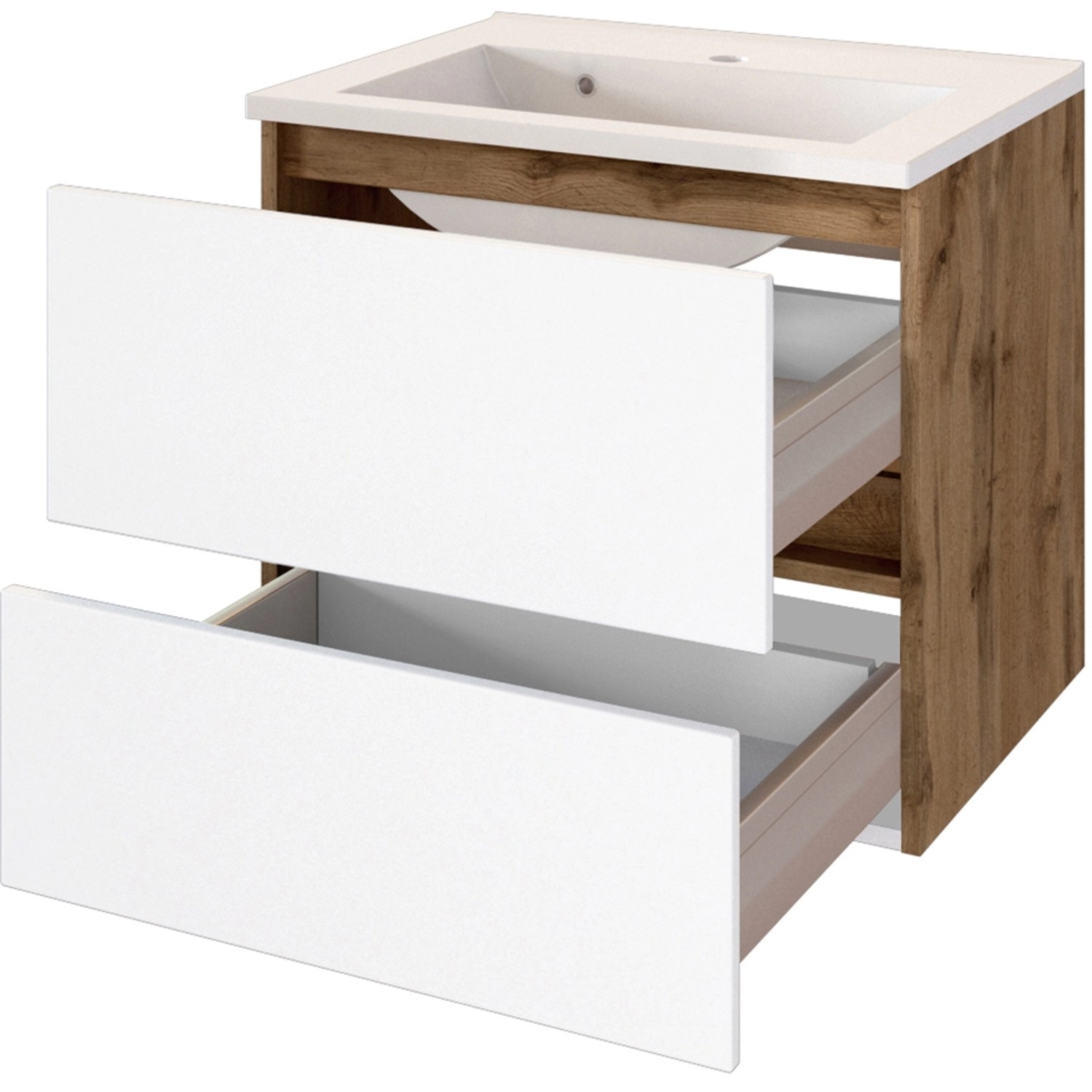 Held Möbel Waschtisch-Set Bari, 60 cm, matt Weiß/Wotaneiche mit offenen Schubladen.