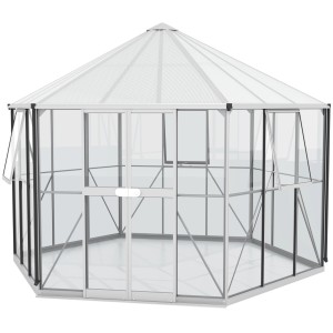 Vitavia Gewächshaus Galaxis 9000 mit Alu-Rahmen, Sicherheitsglas und Hohlkammerplatten. Doppelschiebetür und Seitenfenster.