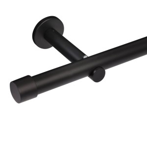 Schwarze 1-läufige Gardinenstange Ø 25mm mit Kappe und Wandhalterung für moderne Fensterdekoration.