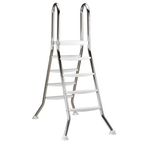 Summer Fun Hochbeckenleiter aus Edelstahl mit weißen Stufen für Pools bis 1,5 m Tiefe.