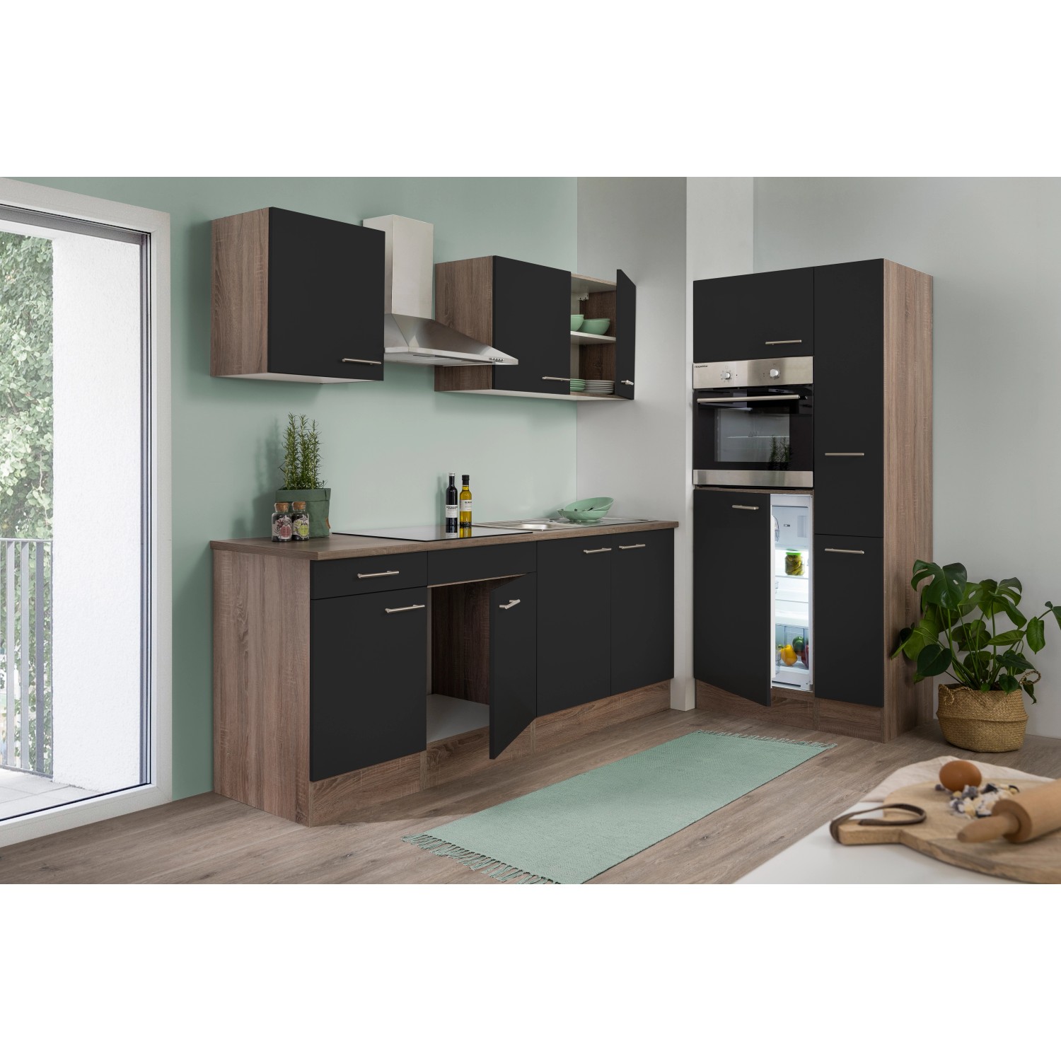 Respekta Küchenzeile KB300EYS, 300 cm, Schwarz Seidenglanz/Eiche York Nachbildung, mit E-Geräten.