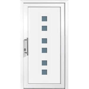 Weiße Kunststoff-Haustür K018, 100x200 cm, mit Glasquadraten und Türgriff links.
