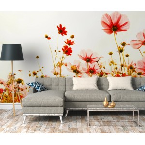 Fototapete Blumenwiese Vintage in Rosa, Rot und Weiß, angebracht im Wohnzimmer.