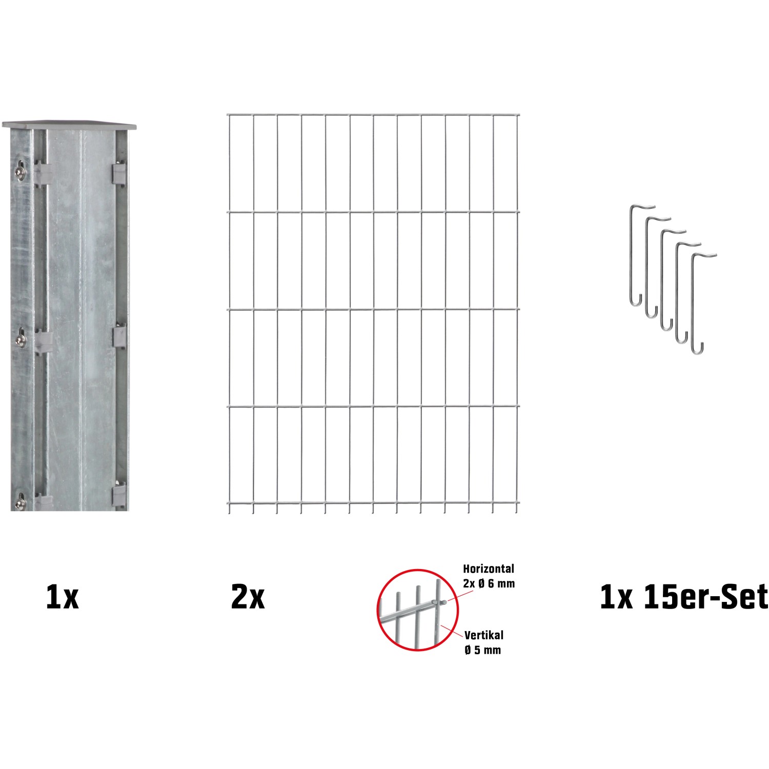 Floraworld Zaungabione Erweiterungs-Set: 1 Pfosten, 2 Zaunmatten, 15 Abstandshalter, verzinkt.