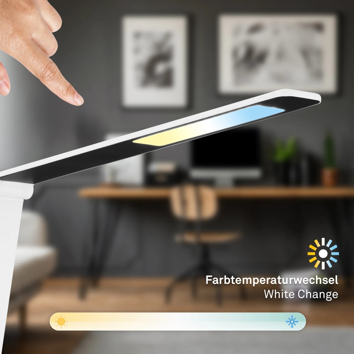 Weiße Brilo LED Schreibtischleuchte Cuma mit Touch-Dimmer und induktiver Ladefunktion.