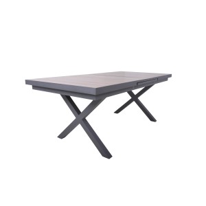 Ausziehbarer, grau-brauner Gartentisch von Garden Pleasure, 100x200 cm, mit X-förmigem Gestell.