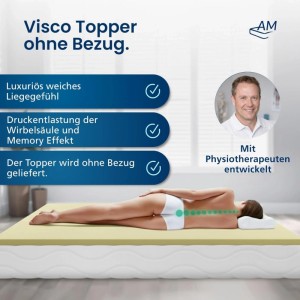 AM Viscoschaum Topper 100x200 cm ohne Bezug, Liegeprobe mit Frau auf Matratze.