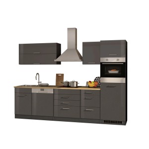 Moderne graue Küchenzeile Mailand 300 cm mit E-Geräten und Hochglanz-Fronten.