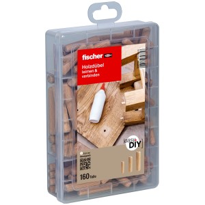 Fischer EasyDIY Box mit 160 Holzdübeln in Kunststoffbox, ideal für Holzverbindungen.