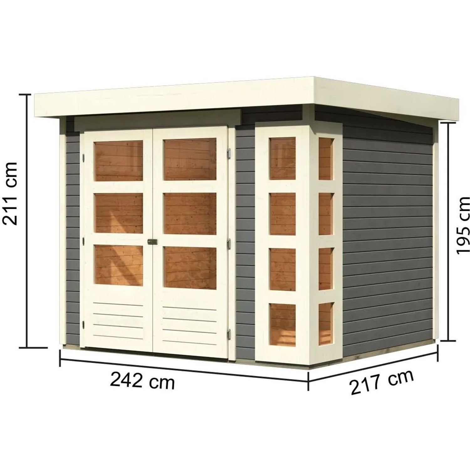 Karibu Holz-Gartenhaus Sölve, terragrau, mit Flachdach und Maßangaben.