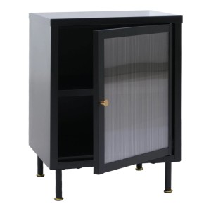 Schwarzer Industrial Nachttisch O87 mit Schilfglastür, goldfarbenem Griff und zwei Staufächern aus Metall.