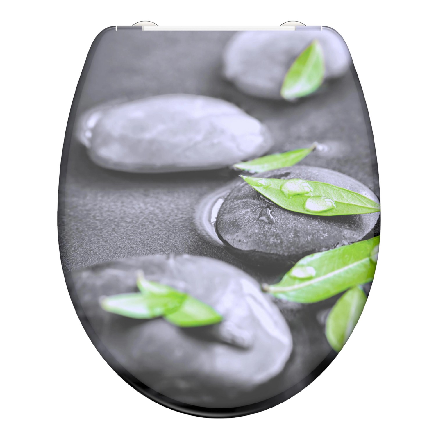 Schütte WC-Sitz Duroplast Stone mit Absenkautomatik und Stein-Blätter-Motiv.