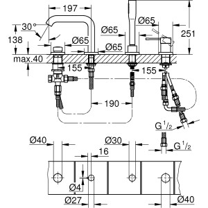 Technische Zeichnung: Grohe Essence 4-Loch Wannenarmatur, Hard Graphite gebürstet, mit Maßangaben.