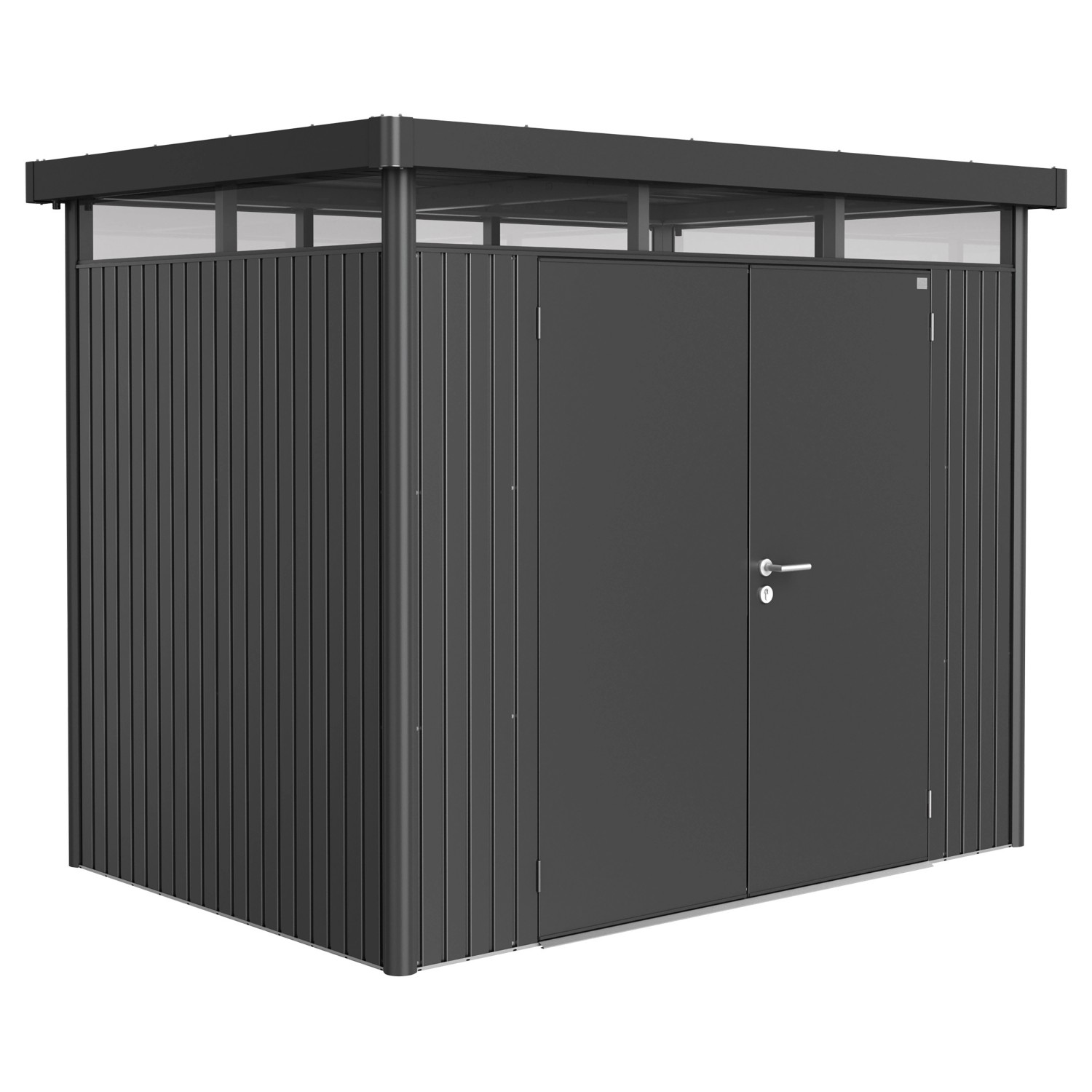 Biohort HighLine Metall-Gerätehaus, dunkelgrau, mit Doppeltür und Flachdach.